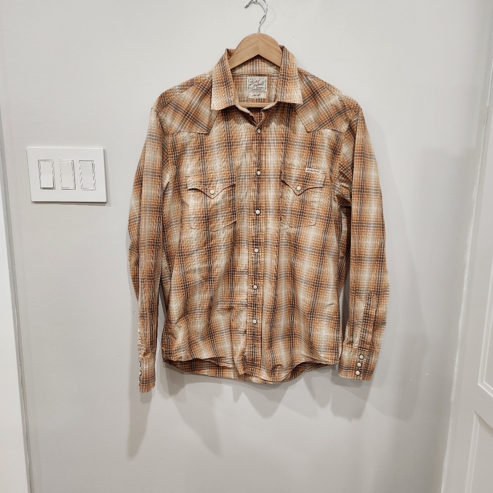 Lucky Brand Shirt Mens Large Brown 100% Cotton Pearl Snap Stretch Plaid Western - Picture 1 of 10